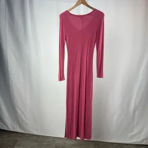 Bordeaux Ribbed V Neck Long Sleeve Lounge Dress with‎ Slit in Pink Size Medium thumbnail 3