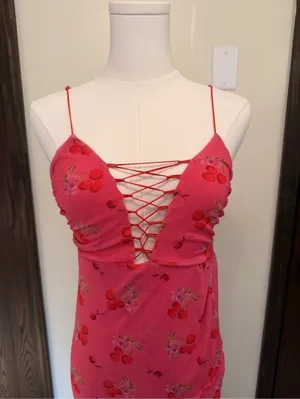 Urban Outfitters pink cherry pattern lace deep neckline slip dress thumbnail 2
