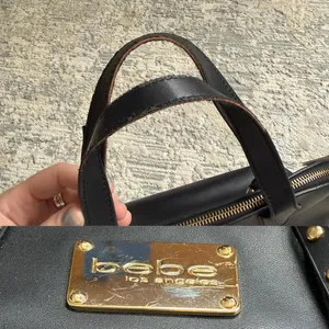 faux leather black Bebe shoulder bag with gold hardware and stud accents thumbnail 8