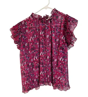 Anthropologie Women's Standard M Pink Floral Pleated Ruffle Blouse Spring Casual thumbnail 1