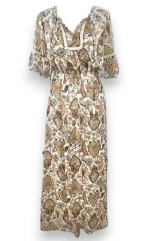 DR2 Womens Dress Sz S Paisley Maxi Dress Cottage Core Prairie Mustard Blue White thumbnail 1