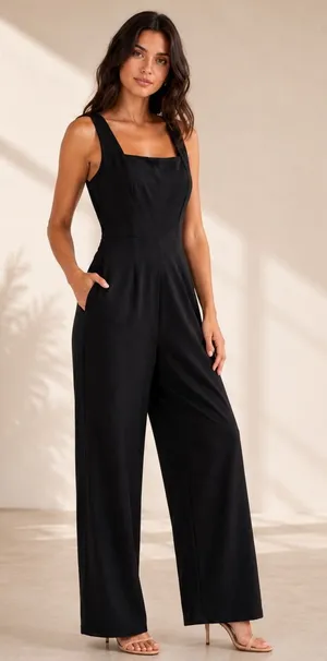 Black Wide-Leg Jumpsuit with Square Neck XL thumbnail 1