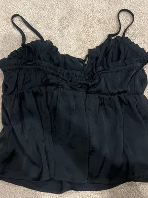 American Eagle Black Smocked Cami Top with Ruffled Edge thumbnail 1