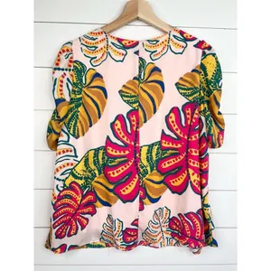 Adrienne Tropical Palm Print V-Neck Half Puff Sleeves Blouse Top Size Medium thumbnail 2