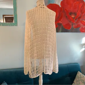 Katie Todd Weave Crochet Cardigan Boho Sz M Medium Cover Up White Ribbon Trim thumbnail 2