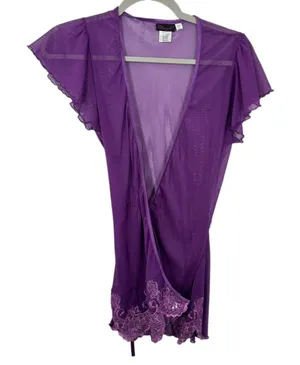 Vintage Dreamgirl Purple Sheer Mesh Wrap Robe Sequin Lace Trim Flutter Sleeve thumbnail 1