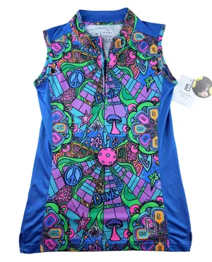 Pickleball Bella Womens Groovy Sleeveless 1/4‎ Zip Athletic Top Blue Multi Small thumbnail 1