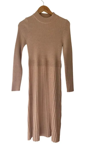 Aluedudu Ribbed Mock Neck Midi Sweater Dress Size M Taupe Neutral Fall thumbnail 1