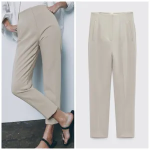 Zara Medium High Waisted Pleated Straight Leg Pants Cream Minimalist Cropped thumbnail 2