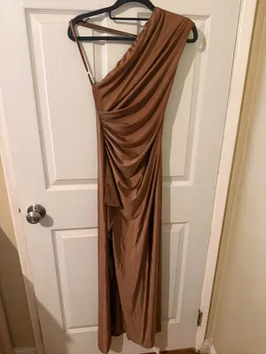 OYS Brown Satin One Shoulder Ruched Maxi Dress Size Small thumbnail 5