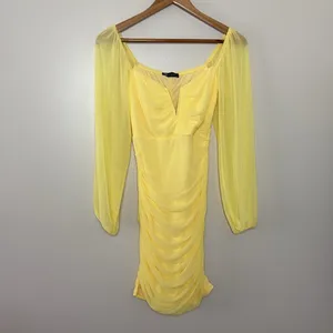 Pretty garden butter yellow mini‎ dress long sheer sleeves ruched body Size S thumbnail 13