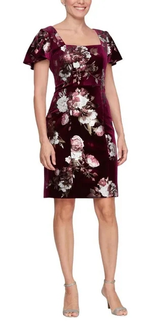 NWT SLNY Embellished Sheath Velvet Floral Print Dress Magenta Purple Multi 14 thumbnail 1