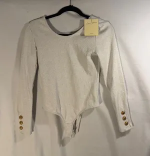 Easy Clothes Grey Ribbed Open Back Bodysuit Gold Button Cuffs SK13040 S/M thumbnail 1