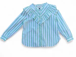 LOFT Green and White Striped Ruffle Collar Blouse thumbnail 4