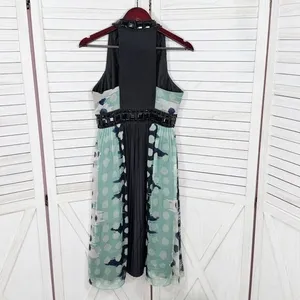 Zara Beaded Silk Pleated Multi Pattern Fit‎ Flare Halter Dress Black Teal Medium thumbnail 11