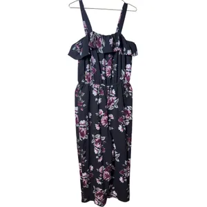 No Boundaries Floral Ruffle Cold Shoulder Jumpsuit XL 15-17 Black Pink Wide Leg thumbnail 2