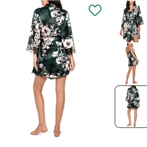 Floral Satin Kimono Robe - Green thumbnail 3