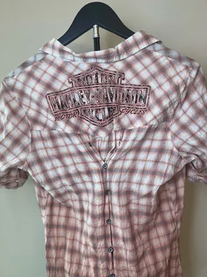Harley Davidson Corset Back Plaid Shirt‎ Small Pink Spellout Logo Fitted thumbnail 9