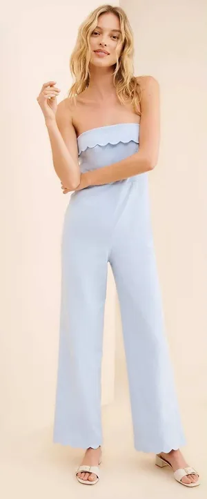 The Frolic‎ Strapless Plum Scallop Jumpsuit S Light Blue Wide Leg Anthropologie thumbnail 1
