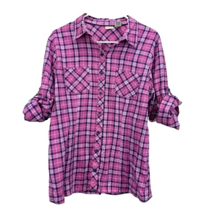 LL Bean Pink Plaid Cotton Roll Tab Button Up Casual Shirt Size LARGE thumbnail 5