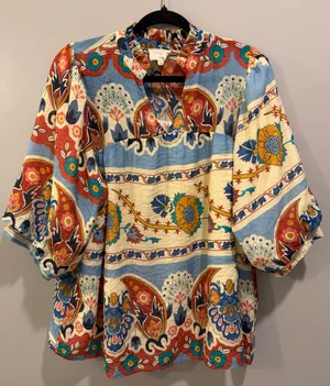 Umgee Bohemian Puff Sleeve Patterned Colorful V-Neck Blouse thumbnail 4