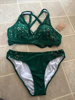 RIHOAS Dark Green Floral Cutout Halter Bikini Set thumbnail 2