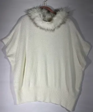 Mixit Faux Fur Collar Knit Sweater Poncho‎ Women Os Ivory Elegant Aspen Ski thumbnail 1