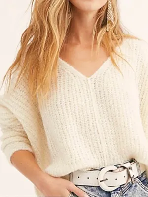Free People‎ Cream V-Neck Textured Knit Sweater thumbnail 1