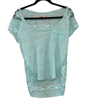 Hollister Mint Green Lace Back Top Medium‎ Sheer Floral Boho Tee thumbnail 1