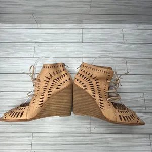 Jeffrey‎ Campbell Rodillo Cutout Leather Wedge Peep Toe Sandals Tan Womens 8 thumbnail 3