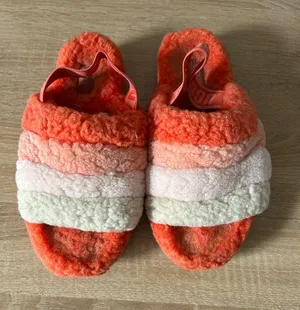 UGG Women's Fluffy Striped Slide Sandals in Orange, Pink & Cream thumbnail 1