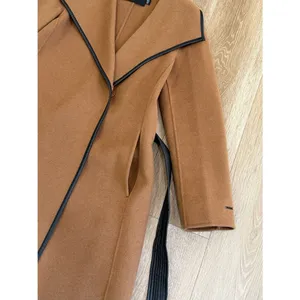 Tahari Wool Blend Faux Leather Trim Belted Coat Caramel Size Medium thumbnail 10
