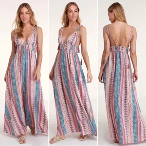 Lulus Boho Geometric Print Tassel Tie-Strap Smocked Maxi Dress Multicolor Medium thumbnail 2