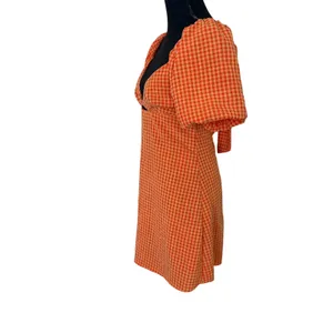 Louna Orange Gingham Mini Dress SMALL Peasant Puff Sleeve Milkmaid Cotton $108 thumbnail 11