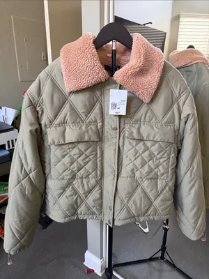 Forever 21 Olive Quilted Bomber Jacket with Pink Sherpa Collar thumbnail 1