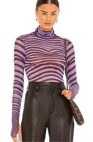 AFRM Purple & Black Mesh Turtleneck Top with Thumbholes thumbnail 1