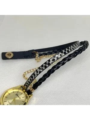 Geneva Women's Gold Toned black Wrap Around band watch 28mm up to 6.5” running thumbnail 4