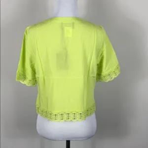 Neon Green Yellow Lace Up Cropped Top Lace Trim Pleated Blouse Size Small thumbnail 6