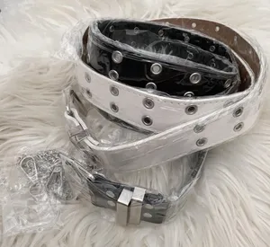 Korean style leather double hole belt black with chain fashion white belt thumbnail 3
