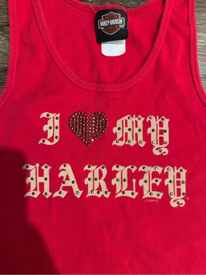 Harley Davidson Red Ribbed sleeveless tank top XL Y2K Rhinestone Heart Biker thumbnail 6