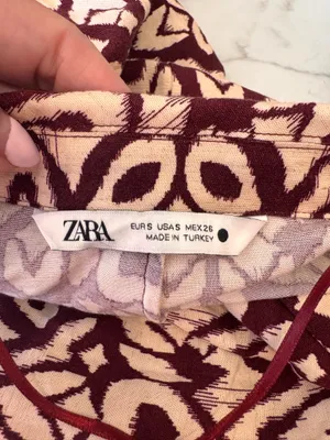 Zara Burgundy Cream Faux Wrap Blouse Print Vneck S thumbnail 7