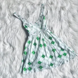 Free People Fit & Flared/Baby Doll White & Green Diamond Print Dress thumbnail 1