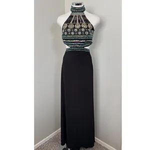 Crystal Doll Black Halter Neck Cutout Beaded Maxi Dress‎ Size 9 Prom Formal thumbnail 2