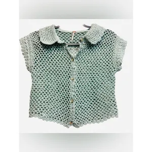 Free People Lily Crochet Cropped Spread Collar Button Down Top Aqua‎ Blue XS thumbnail 4