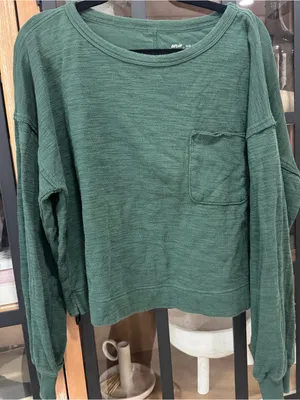 Aerie forest green long sleeve cropped tee pullover ribbed pocket ribbed knit thumbnail 1