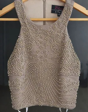 Blondie Nites Beaded Mesh Crop Top Nude Champagne Crystal Embellished Small USA thumbnail 1