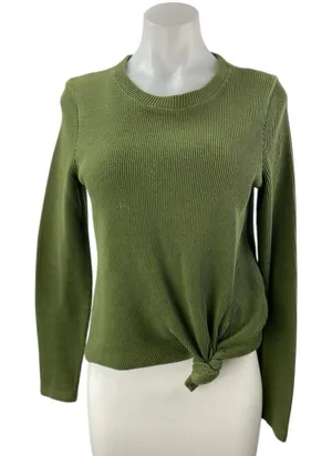 Madewell Elwood Women's Olive Green Rib Knit Knot Long Sleeve Sweater Top Size M thumbnail 1