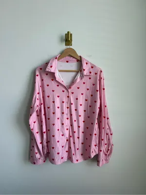 Pink Red Heart Print Matching Pajama Set Button Down Wide Leg Pants Size Medium thumbnail 3