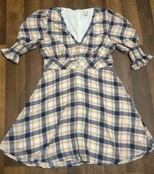 Blue Rain Plaid Puff Sleeve Dress thumbnail 1