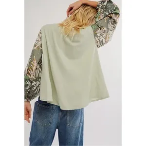 Free People Picking Petals Top Seafoam Green Contrast Sleeves Women's Size S thumbnail 5